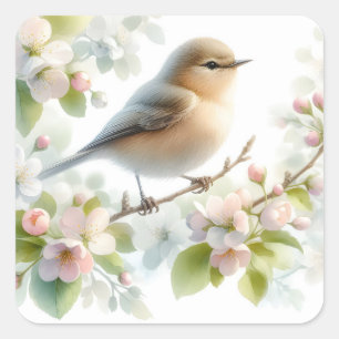 Spring Bird Cherry Blossom Floral Watercolor Square Sticker