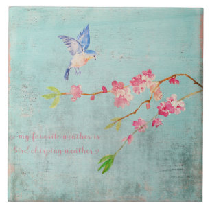 Spring Bird Floral Cherryblossom Weather Blue Tile