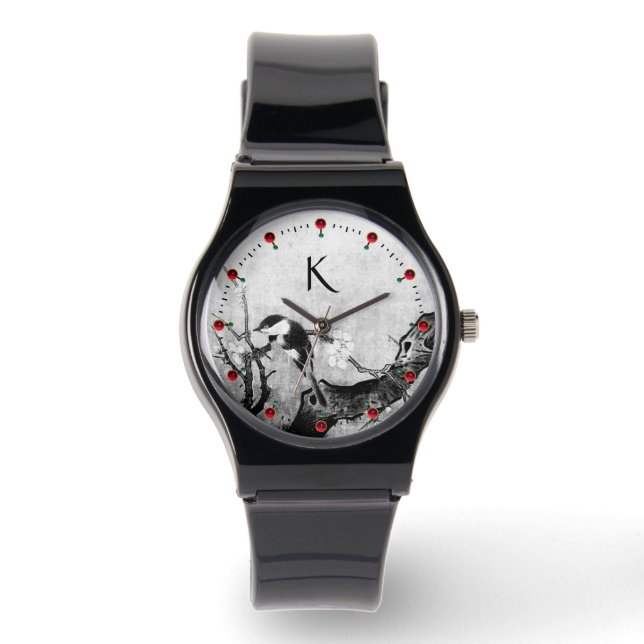 SPRING BIRD,FLOWER TREE Black White Monogram Watch (Front)