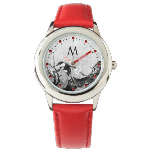SPRING BIRD,FLOWER TREE Black White Monogram Watch