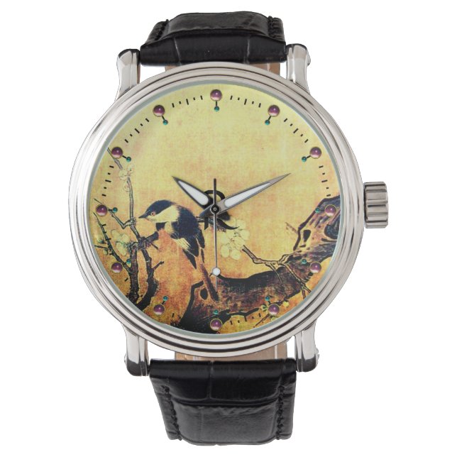 SPRING BIRD,FLOWER TREE Gold Yellow Brown Monogram Watch (Front)