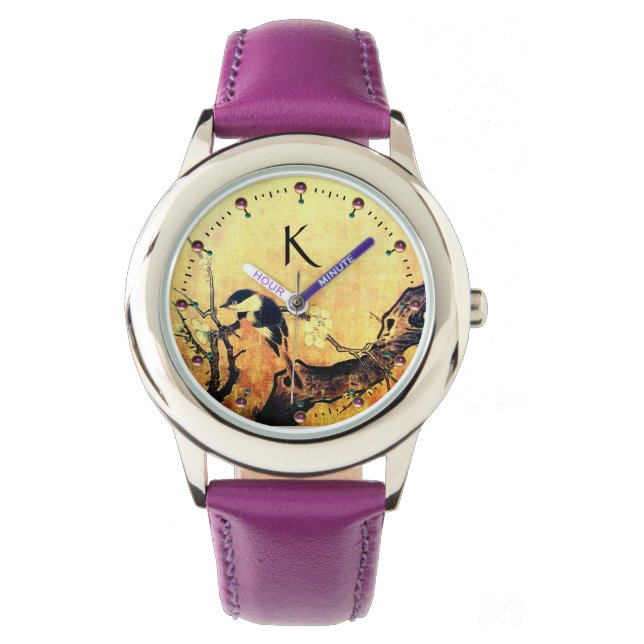 SPRING BIRD,FLOWER TREE Gold Yellow Brown Monogram Watch (Front)