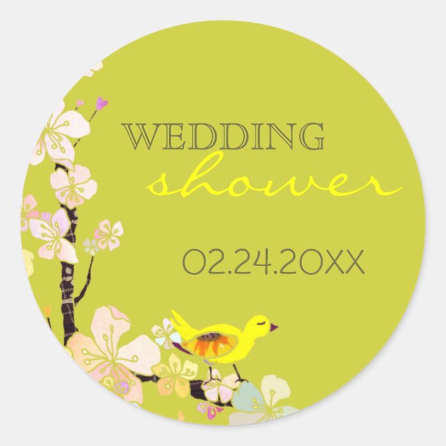 Spring Bird Green Bridal Shower Classic Round Sticker (Front)