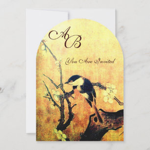 SPRING BIRD MONOGRAM ,Gold Yellow Brown Invitation