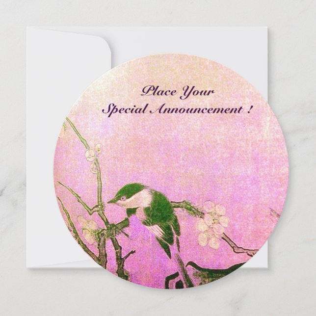 SPRING BIRD MONOGRAM Pink Fuchsia White Brown Announcement (Front)