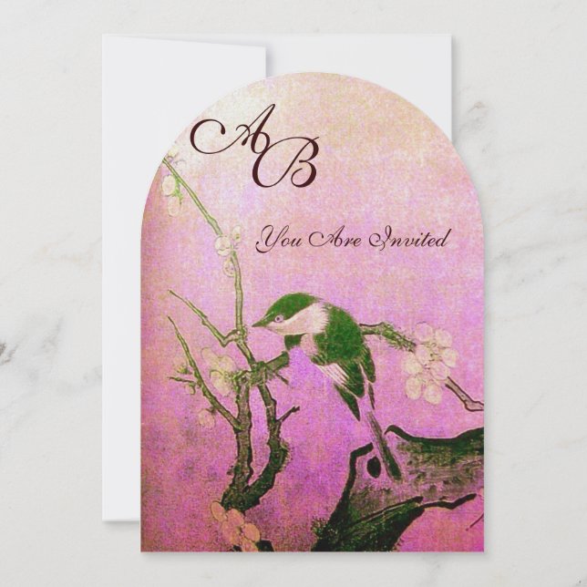SPRING BIRD MONOGRAM Pink Fuchsia White Brown Invitation (Back)
