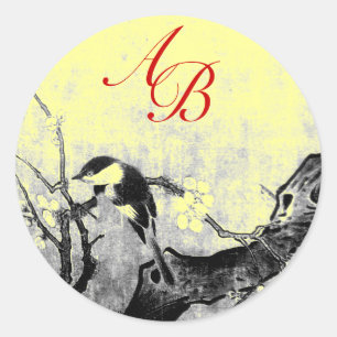 SPRING BIRD MONOGRAM,Yellow Classic Round Sticker