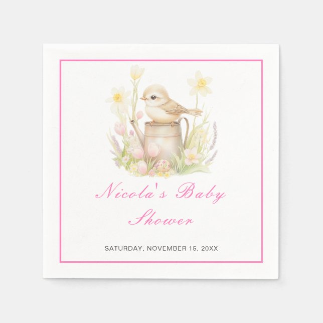 Spring Bird Watering Can Baby Shower Napkin (Front)