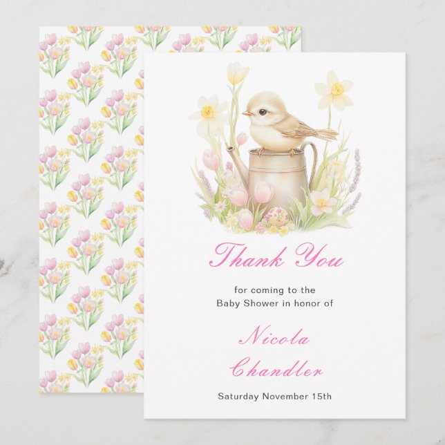 Spring Bird Watering Can Baby Shower Thank You Card (Front/Back)