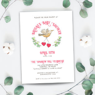 Spring Bird with Hearts Cute Baby Shower Invitation