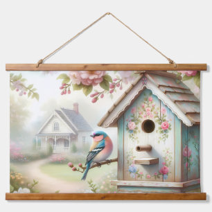 Spring Birdhouse With Pastel Flowers And Bird Hanging Tapestry