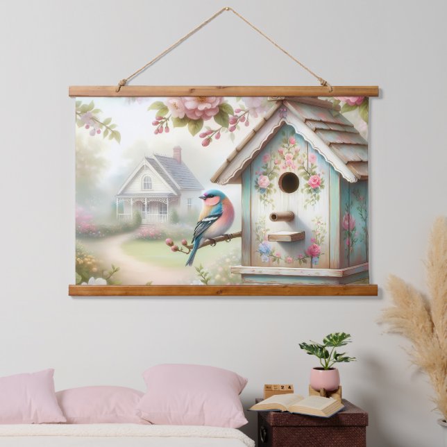 Spring Birdhouse With Pastel Flowers And Bird Hanging Tapestry (Bedroom)