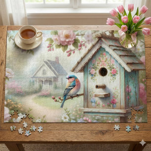 Spring Birdhouse With Pastel Flowers And Bird Jigsaw Puzzle