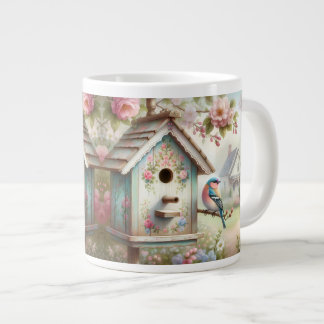 Spring Birdhouse With Pastel Flowers And Bird Large Coffee Mug