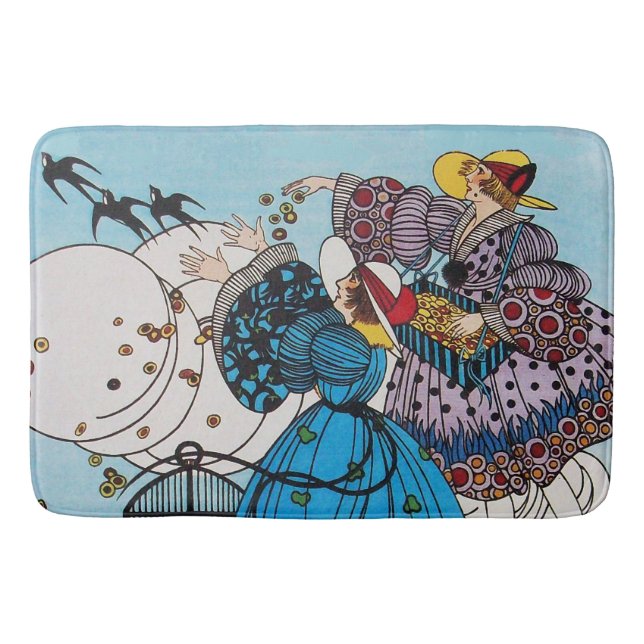SPRING BIRDS AND LADIES ,ART DECO BEAUTY FASHION BATH MAT (Front)