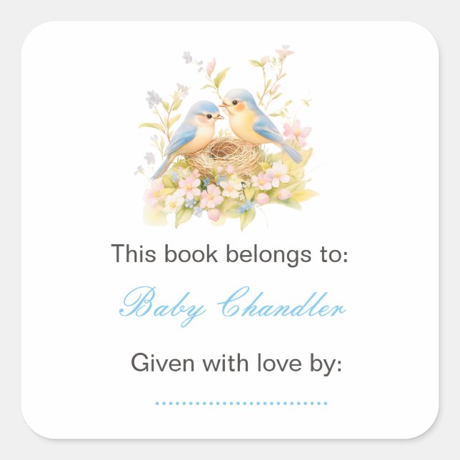 Spring Birds Baby Shower Bookplate Square Sticker (Front)