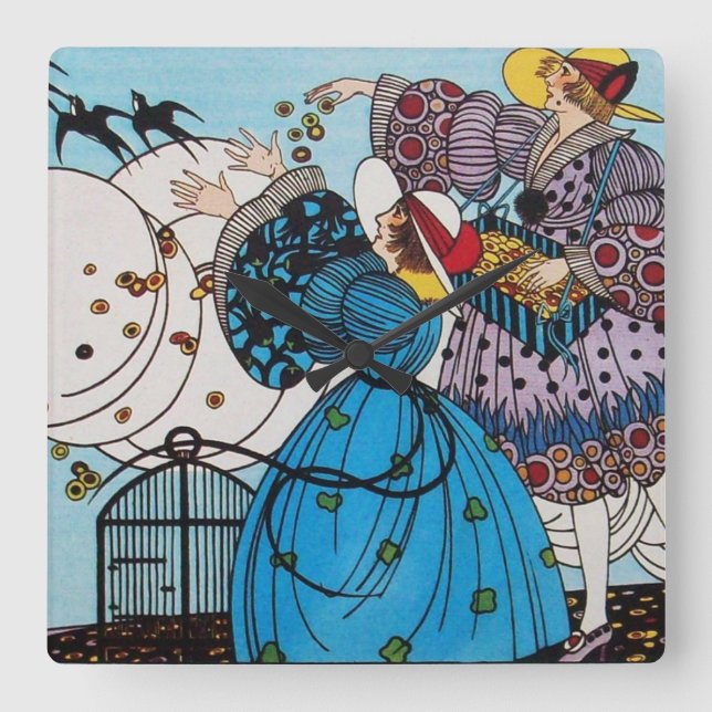 SPRING BIRDS / BEAUTY FASHION  COSTUME DESIGNER SQUARE WALL CLOCK (Front)