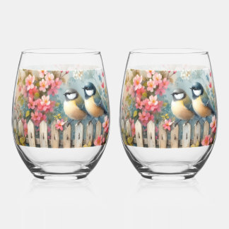 Spring Birds & Blooms Stemless Wine Glass