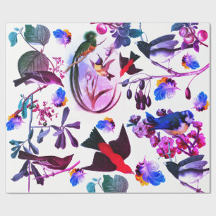 SPRING BIRDS,FEATHERS AND FRUITS Pink Blue Floral Wrapping Paper