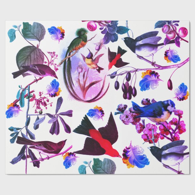 SPRING BIRDS,FEATHERS AND FRUITS Pink Blue Floral Wrapping Paper (Flat)