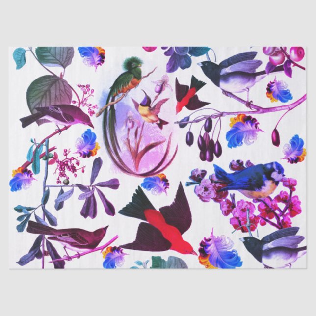 SPRING BIRDS,FEATHERS,FRUITS Pink Blue Floral Tissue Paper (Front)