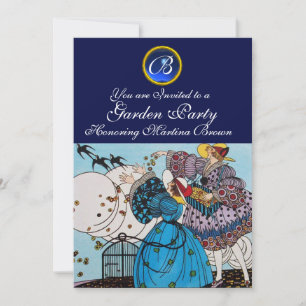 SPRING BIRDS GARDEN PARTY ,SAPPHIRE GEM MONOGRAM INVITATION