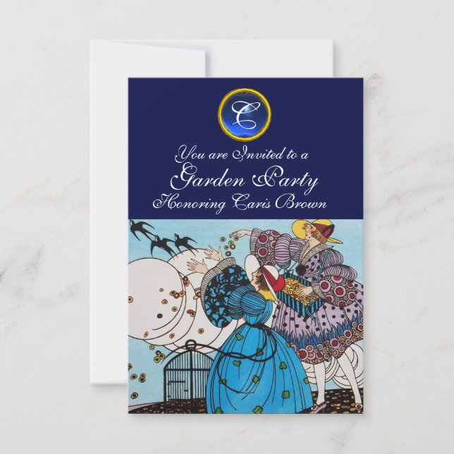 SPRING BIRDS GARDEN PARTY ,SAPPHIRE GEM MONOGRAM INVITATION (Front)