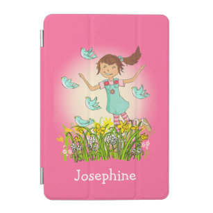 Spring birds girl flapping named pink aqua iPad mini cover