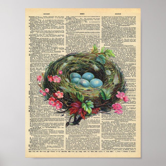Spring Birds Nest on vintage dictionary page Poster (Front)
