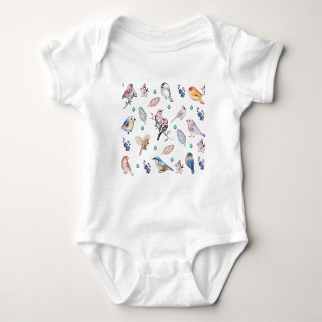 Spring Birds Pattern Baby Bodysuit (Front)