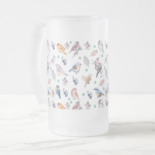 Spring Birds Pattern Frosted Glass Beer Mug