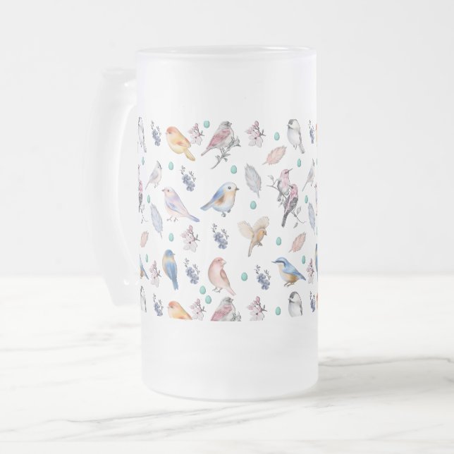Spring Birds Pattern Frosted Glass Beer Mug (Front Left)