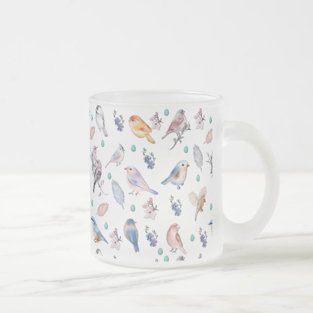 Spring Birds Pattern Frosted Glass Coffee Mug (Right)