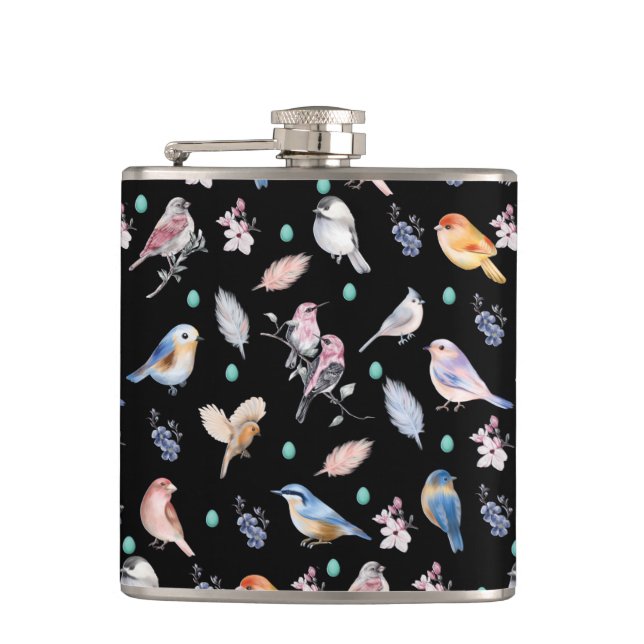 Spring Birds Pattern Hip Flask (Front)