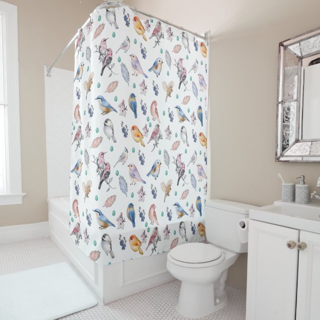 Spring Birds Pattern Shower Curtain (In Situ)