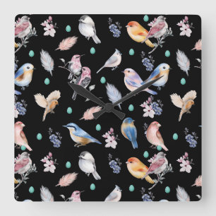 Spring Birds Pattern Square Wall Clock