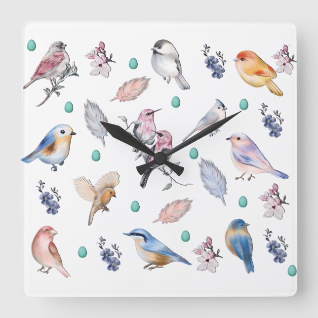 Spring Birds Pattern Square Wall Clock (Front)