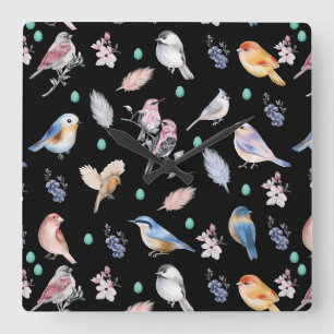 Spring Birds Pattern Square Wall Clock