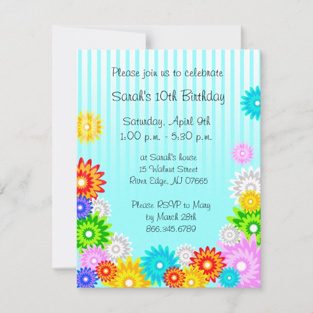 Spring Birthday Party Invitation Colourful Flowers (Front)
