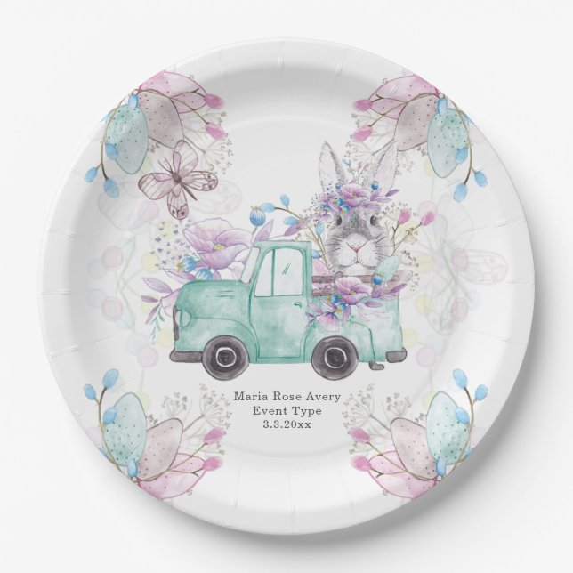 Spring Birthday Personalised Pattern Bunny Truck Paper Plate (Front)