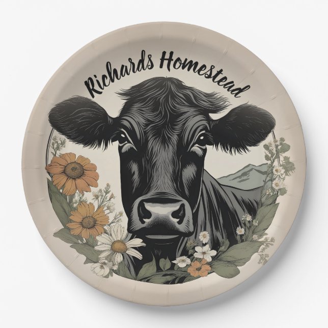Spring Black Cow Paper Plate (Front)