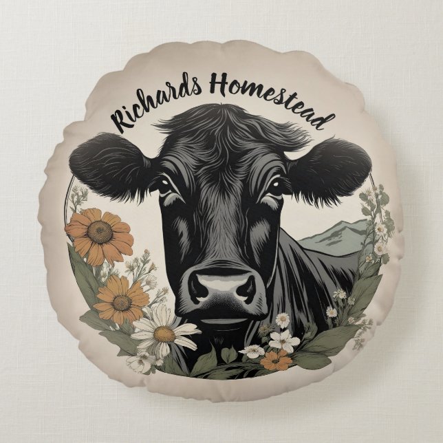 Spring Black Cow Round Cushion (Front)