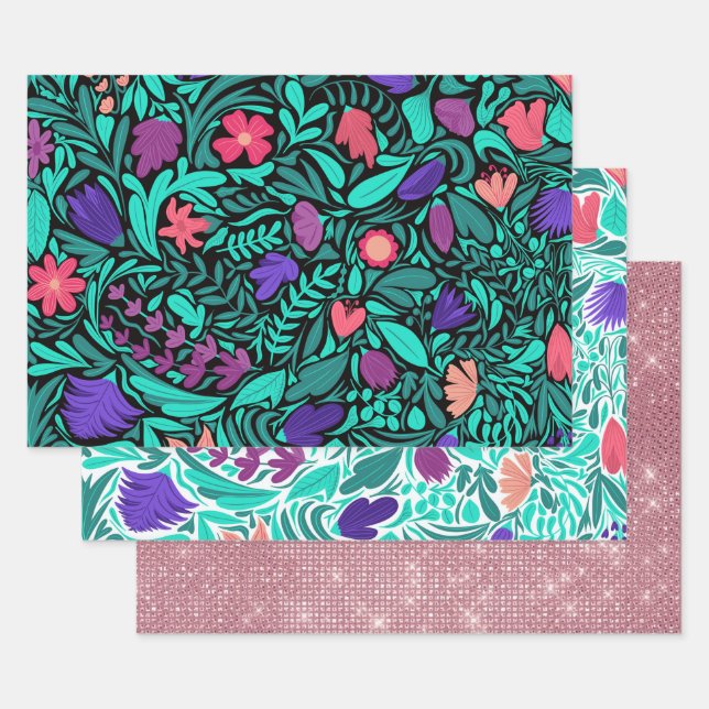 Spring Black Flowers Leaves Illustration Pattern Wrapping Paper Sheet (Set)
