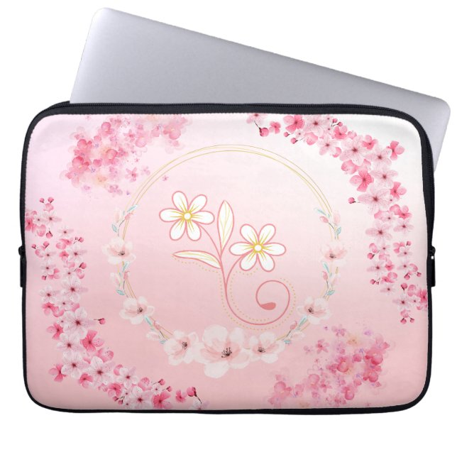 Spring Blessing – Pink and White Floral Art Laptop Sleeve (Front)