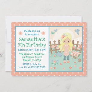 Spring Blonde Girl in peach flower garden Birthday Invitation