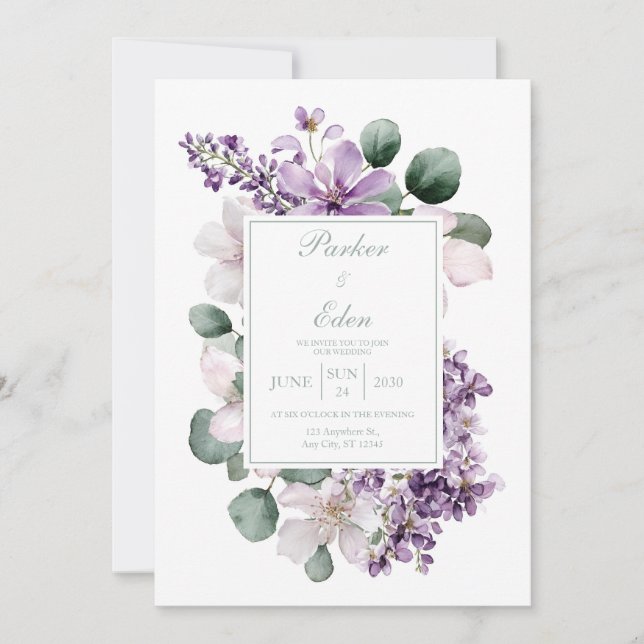 Spring Bloom Lilac and Lavender Wedding Invitation (Front)