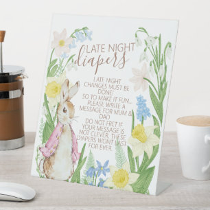 Spring Bloom Rabbit Baby Shower Late Night Diapers Pedestal Sign