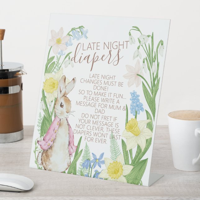 Spring Bloom Rabbit Baby Shower Late Night Diapers Pedestal Sign (In SItu)