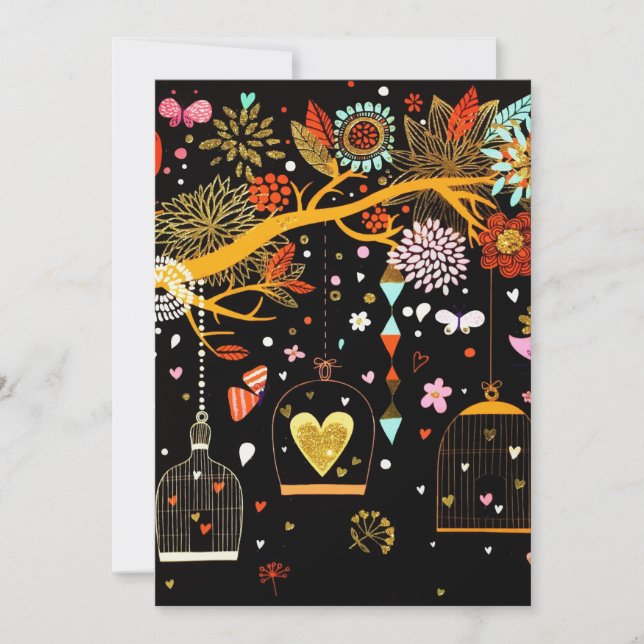 Spring Blooming Tree Gold Bird In Love Holiday Card (Front)