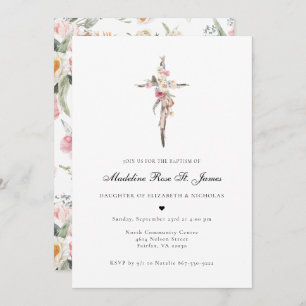 Spring Blooms   Floral Cross Baptism Invitation